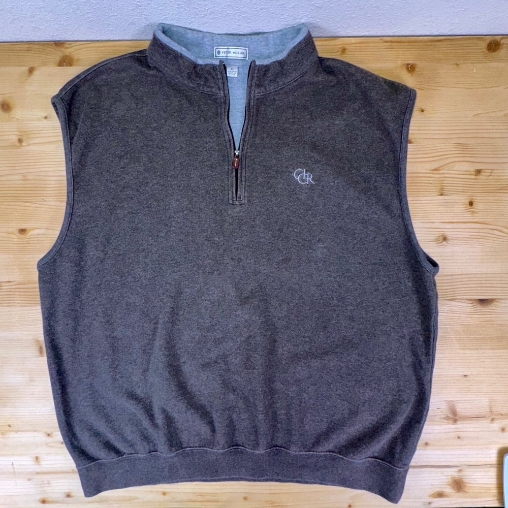 Peter Millar XL Men's Sleeveless 1/4 Zip Vest Brown CR Embroidered Golf Pullover